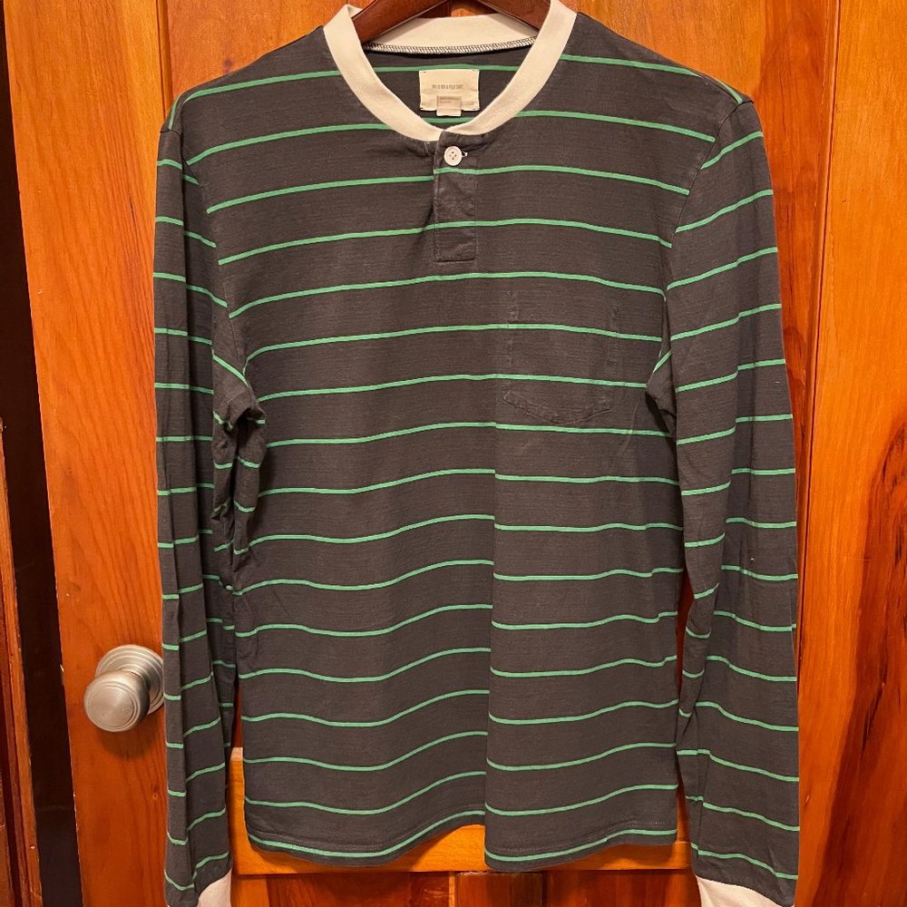 Band of Outsiders Striped, Long-Sleeved, Collarless Shirt